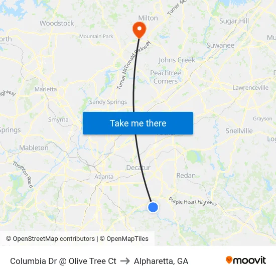 Columbia Dr @ Olive Tree Ct to Alpharetta, GA map