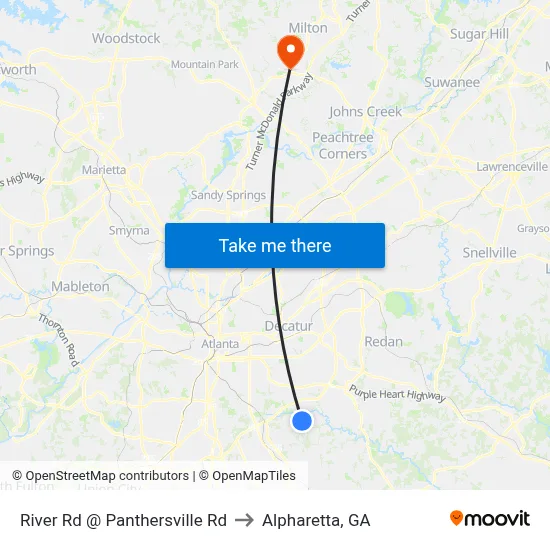 River Rd @ Panthersville Rd to Alpharetta, GA map