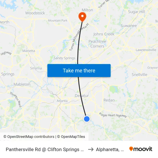 Panthersville Rd @ Clifton Springs Rd to Alpharetta, GA map