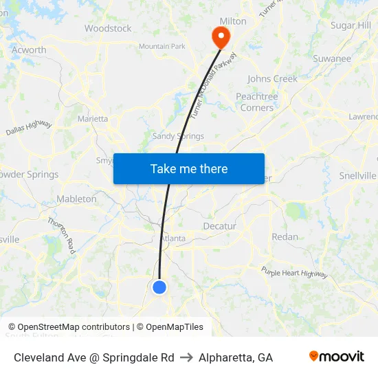 Cleveland Ave @ Springdale Rd to Alpharetta, GA map