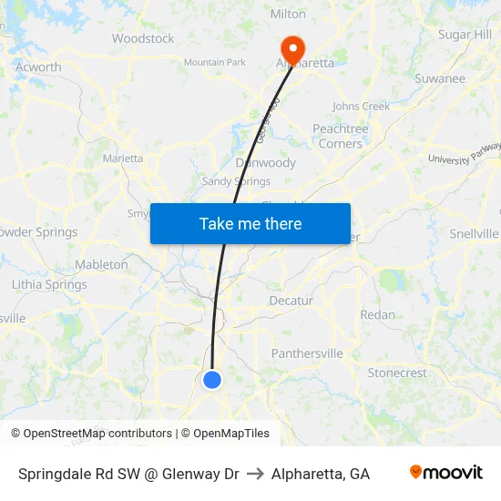 Springdale Rd SW @ Glenway Dr to Alpharetta, GA map