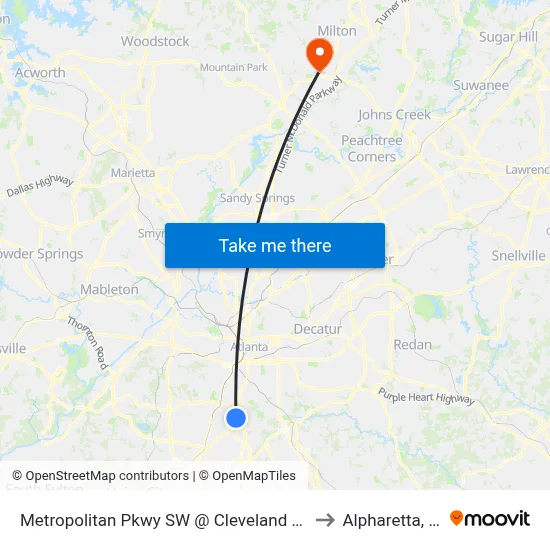 Metropolitan Pkwy SW @ Cleveland Ave S to Alpharetta, GA map