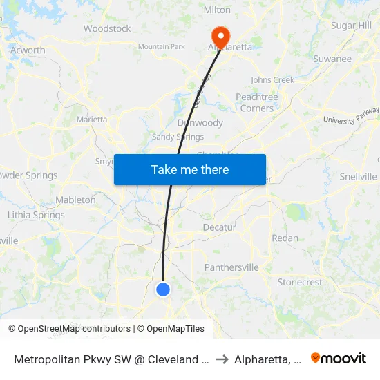 Metropolitan Pkwy SW @ Cleveland Ave to Alpharetta, GA map