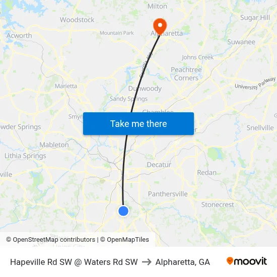 Hapeville Rd SW @ Waters Rd SW to Alpharetta, GA map