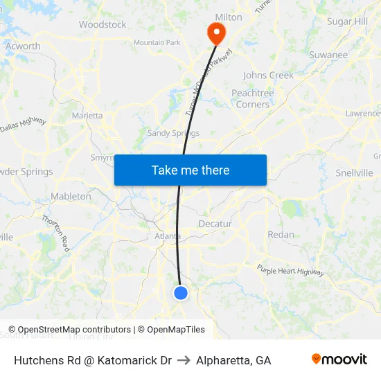 Hutchens Rd @ Katomarick Dr to Alpharetta, GA map