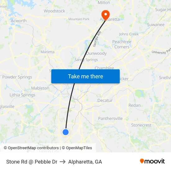Stone Rd @ Pebble Dr to Alpharetta, GA map