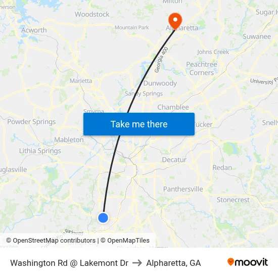 Washington Rd @ Lakemont Dr to Alpharetta, GA map