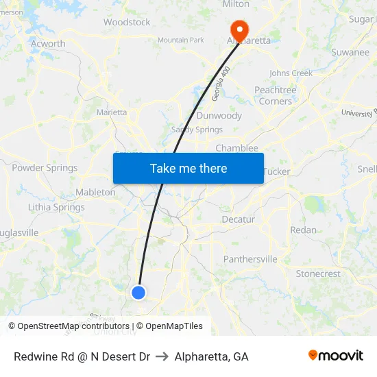 Redwine Rd @ N Desert Dr to Alpharetta, GA map