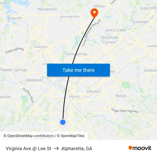 Virginia Ave @ Lee St to Alpharetta, GA map