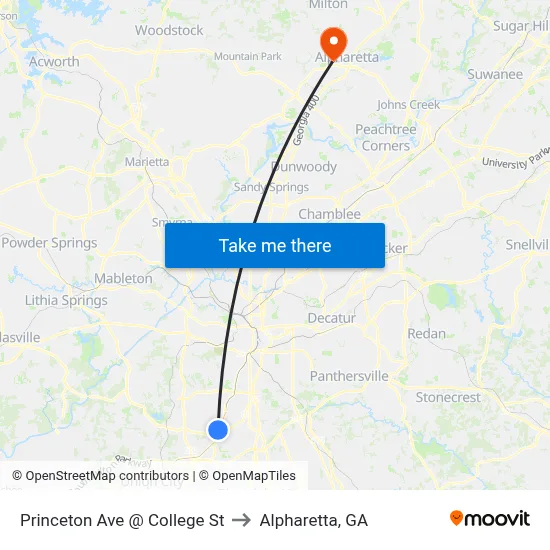 Princeton Ave @ College St to Alpharetta, GA map