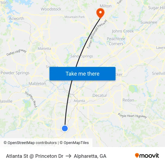 Atlanta St @ Princeton Dr to Alpharetta, GA map