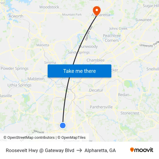 Roosevelt Hwy @ Gateway Blvd to Alpharetta, GA map