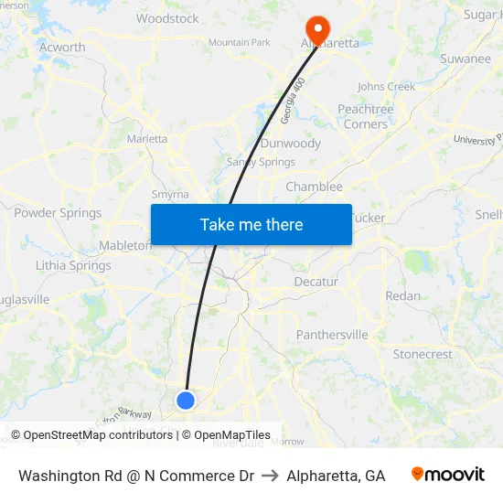 Washington Rd @ N Commerce Dr to Alpharetta, GA map