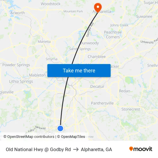 Old National Hwy @ Godby Rd to Alpharetta, GA map