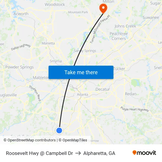 Roosevelt Hwy @ Campbell Dr to Alpharetta, GA map