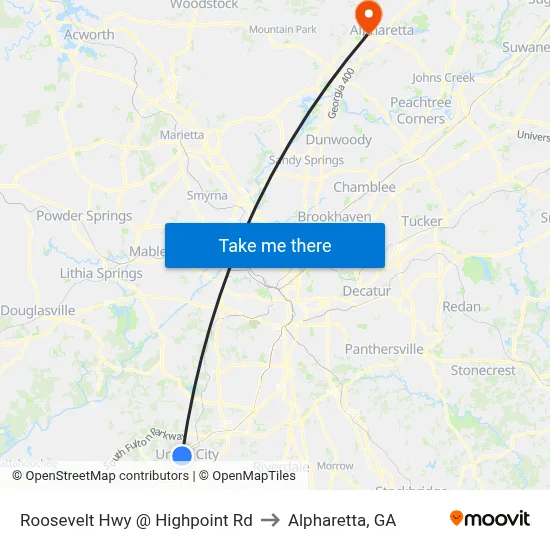 Roosevelt Hwy @ Highpoint Rd to Alpharetta, GA map
