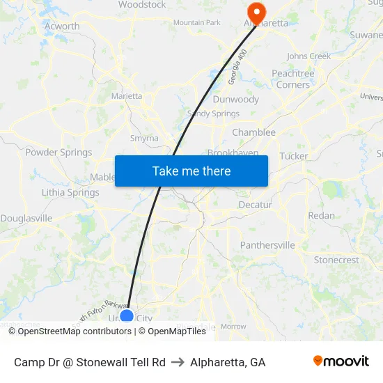 Camp Dr @ Stonewall Tell Rd to Alpharetta, GA map
