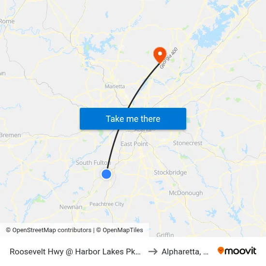 Roosevelt Hwy @ Harbor Lakes Pkwy to Alpharetta, GA map
