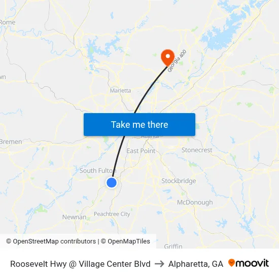 Roosevelt Hwy @ Village Center Blvd to Alpharetta, GA map
