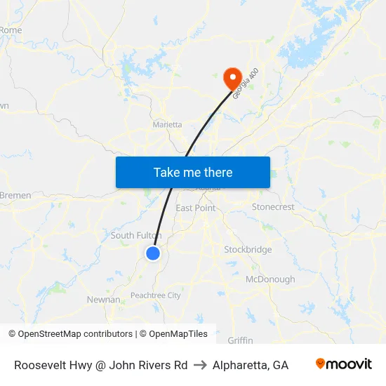 Roosevelt Hwy @ John Rivers Rd to Alpharetta, GA map