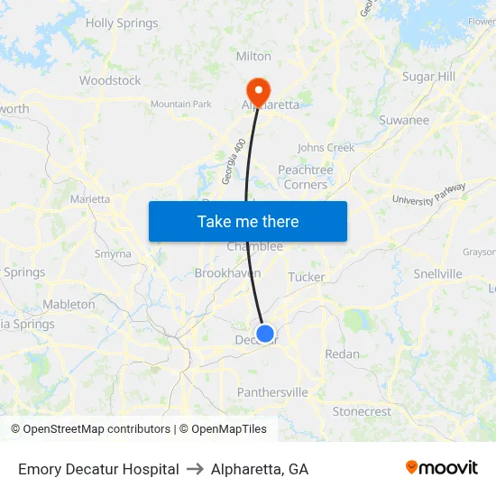 Emory Decatur Hospital to Alpharetta, GA map