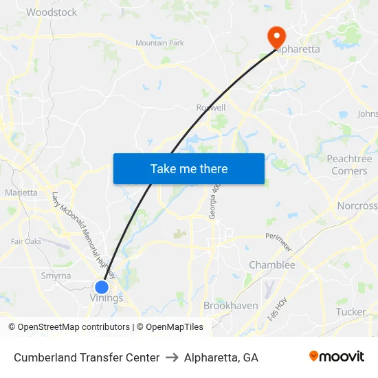 Cumberland Transfer Center to Alpharetta, GA map