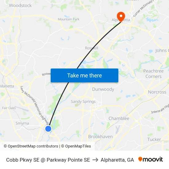 Cobb Pkwy SE @ Parkway Pointe SE to Alpharetta, GA map