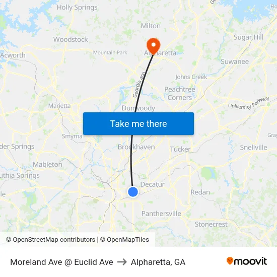 Moreland Ave @ Euclid Ave to Alpharetta, GA map
