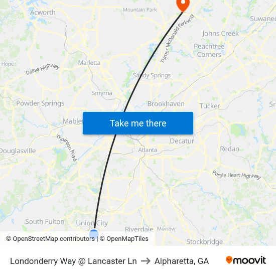 Londonderry Way @ Lancaster Ln to Alpharetta, GA map