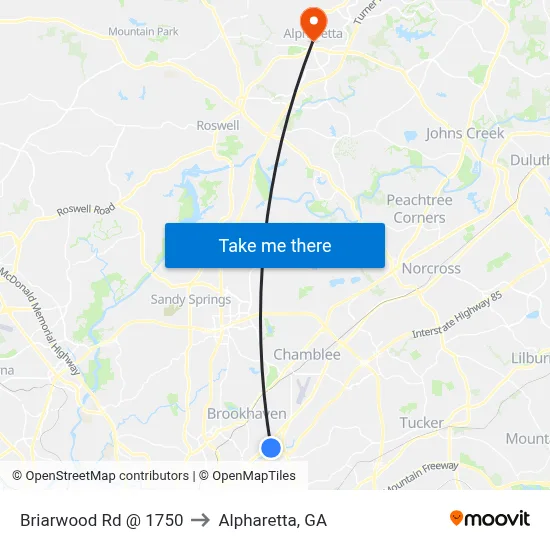 Briarwood Rd @ 1750 to Alpharetta, GA map