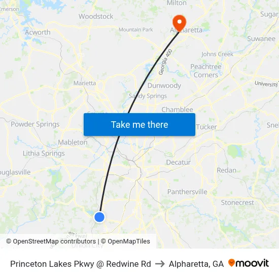 Princeton Lakes Pkwy @ Redwine Rd to Alpharetta, GA map