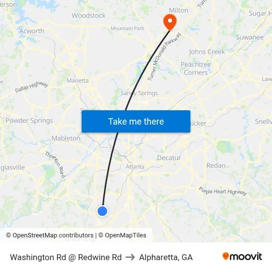 Washington Rd @ Redwine Rd to Alpharetta, GA map