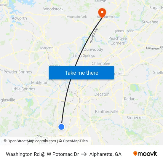 Washington Rd @ W Potomac Dr to Alpharetta, GA map