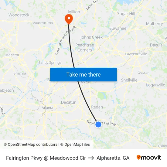 Fairington Pkwy @ Meadowood Cir to Alpharetta, GA map