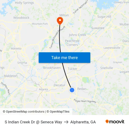 S Indian Creek Dr @ Seneca Way to Alpharetta, GA map