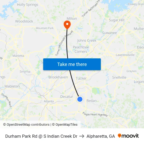 Durham Park Rd @ S Indian Creek Dr to Alpharetta, GA map