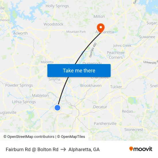 Fairburn Rd @ Bolton Rd to Alpharetta, GA map