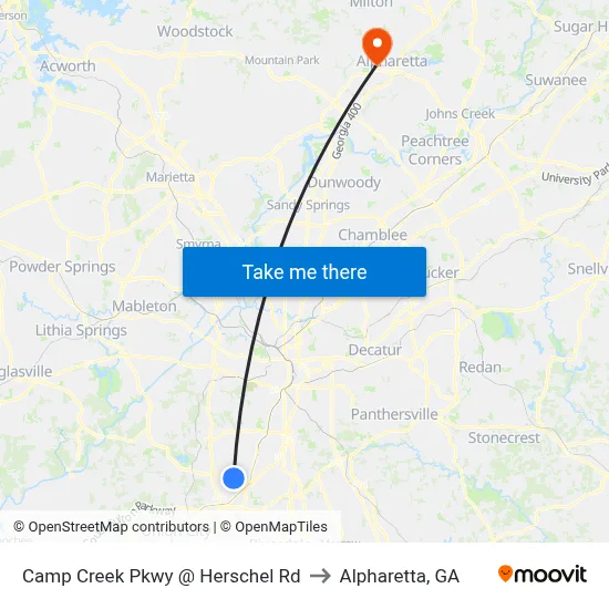 Camp Creek Pkwy @ Herschel Rd to Alpharetta, GA map