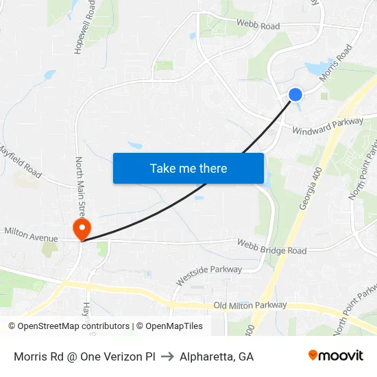 Morris Rd @ One Verizon Pl to Alpharetta, GA map
