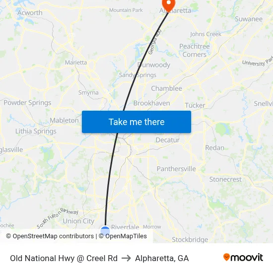 Old National Hwy @ Creel Rd to Alpharetta, GA map