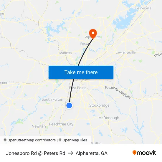 Jonesboro Rd @ Peters Rd to Alpharetta, GA map