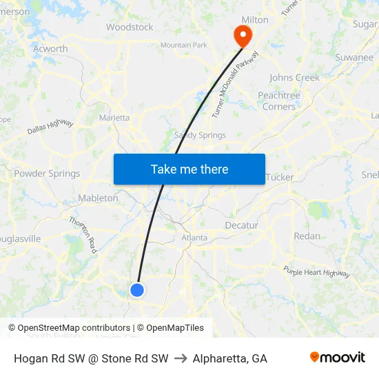 Hogan Rd SW @ Stone Rd SW to Alpharetta, GA map