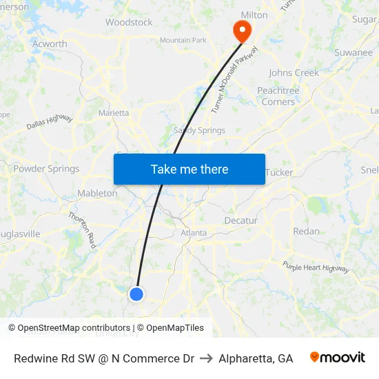 Redwine Rd SW @ N Commerce Dr to Alpharetta, GA map
