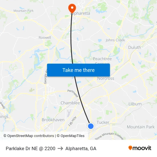 Parklake Dr NE @ 2200 to Alpharetta, GA map