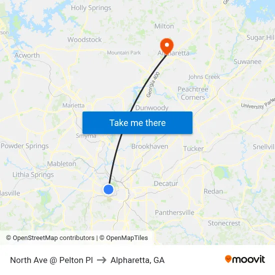North Ave @ Pelton Pl to Alpharetta, GA map