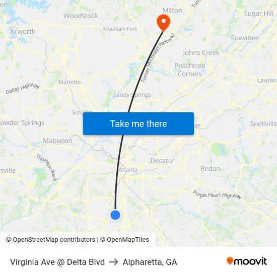 Virginia Ave @ Delta Blvd to Alpharetta, GA map