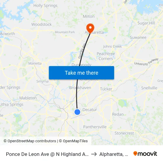Ponce De Leon Ave @ N Highland Ave to Alpharetta, GA map