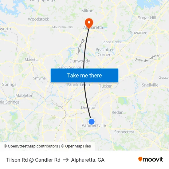 Tilson Rd @ Candler Rd to Alpharetta, GA map