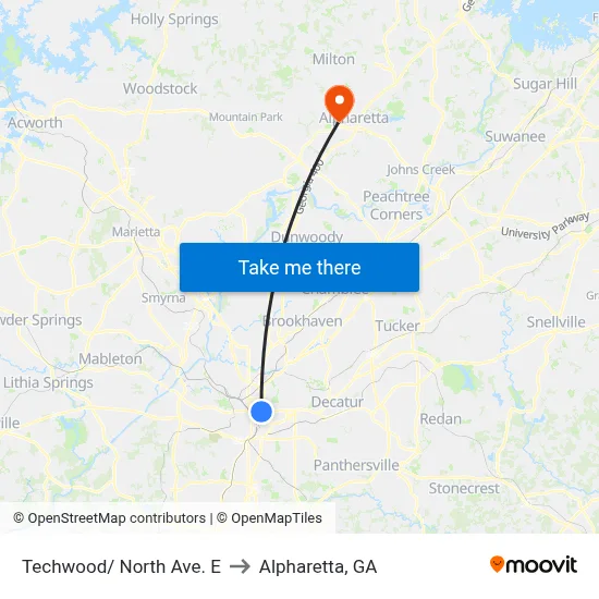 Techwood/ North Ave. E to Alpharetta, GA map