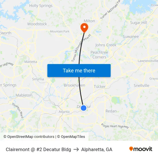 Clairemont @ #2 Decatur Bldg to Alpharetta, GA map